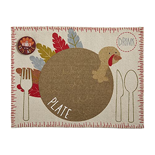 Mud Pie Children's Thanksgiving Turkey Place Mat with Button, 13" x 17", Cotton