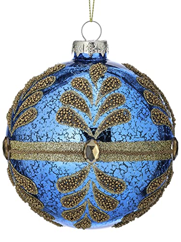 Regency International Bead Leaf Jewel Ball Hanging Ornament, 4-inch Diameter, Mercury Glass, Blue Gold