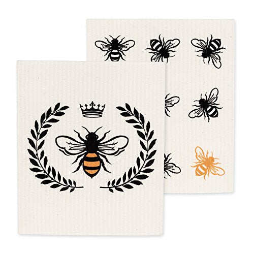 Abbott Collection  84-ASD-AB-11 S/2 Bee Dish Cloth-6.5x8 L, 6.5" x 8", White/Black/Yellow