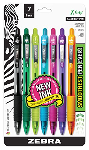 Zebra Pen Z-Grip Retractable Ballpoint Pen, Medium Point, 1.0mm, Assorted Fashion Colors - 7 Pieces
