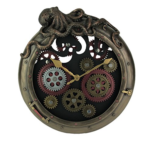 Unicorn Studio Veronese Design Steampunk Bronze Finish Octopus Porthole Wall Clock with Moving Gears