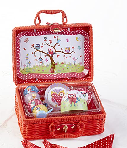 Delton Products 8003-8 Tin 19 Pc Tea Set in Basket, Red Owl