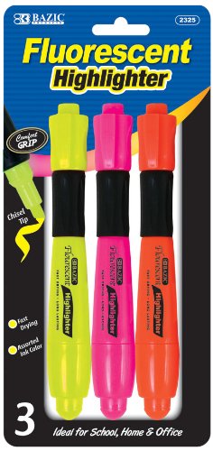 BAZIC Desk Style Fluorescent Highlighters w/ Cushion Grip (3/Pack)