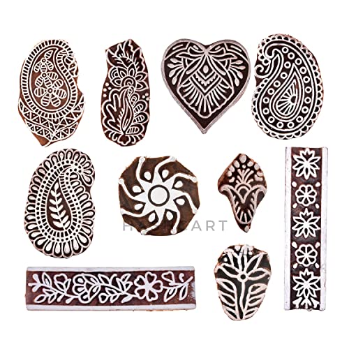 Hashcart Block Print Wooden Stamps || Decorative Stylish Pattern Printing for DIY Craft / Letters Diary / Scrapbooking / Fabric / Saree Border / Card Making & Canvas Painting || { Set of 10 }
