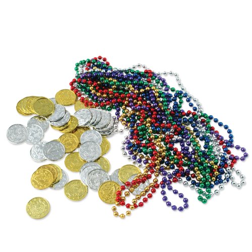 Beistle Plastic Treasure Loot 62 Piece Coins and Necklaces, Party Favors, Pirate Decorations, 33"/ 1.5", Multicolored