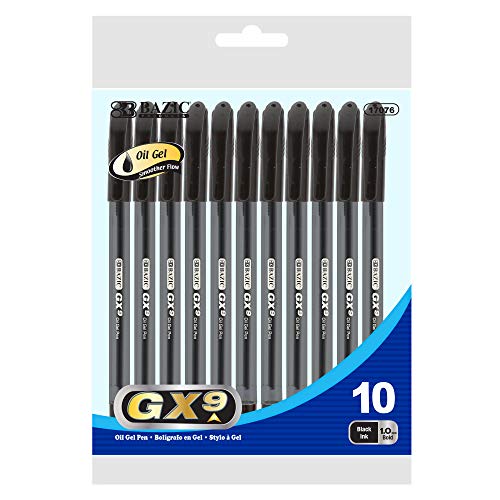 BAZIC Black Color GX-9 Triangle Oil Gel Ink Pen, Ballpoint Roller Pens 1.0mm, Stick Pen for Office School Teacher (10/Pack), 1-Pack