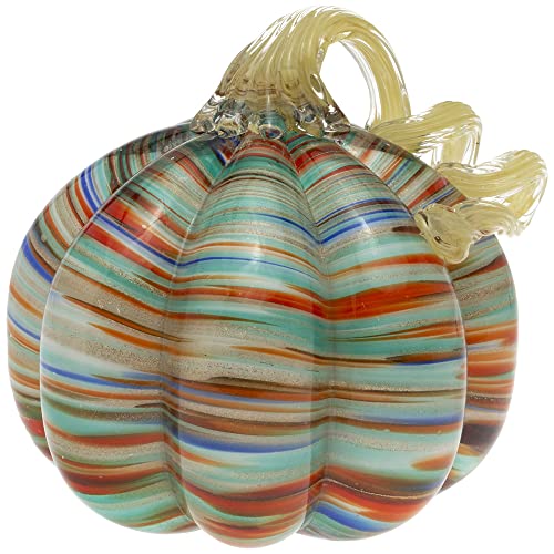Boston International Pumpkin Fall Autumn Harvest Thanksgiving Tabletop Decorations Hand Blown Glass, Large, Sunset Stripe