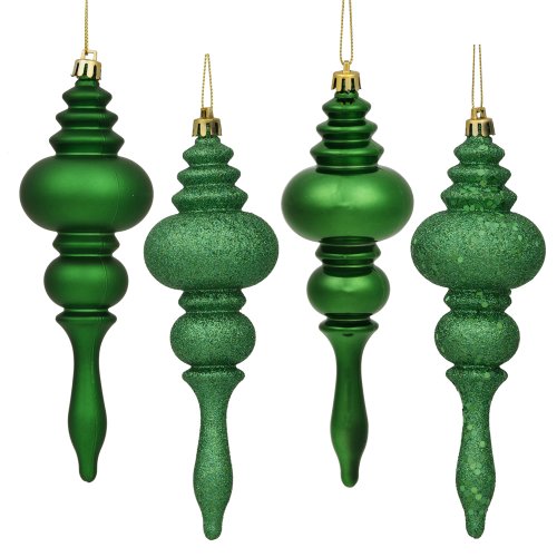 Vickerman 7" 4-Finish Finial Ornament, Shatterproof Plastic Christmas Tree Decoration, 8 Pack, Green Shiny, Matte, Glitter and Sequin Finishes Shiny, Matte, Glitter and Sequin Finishes