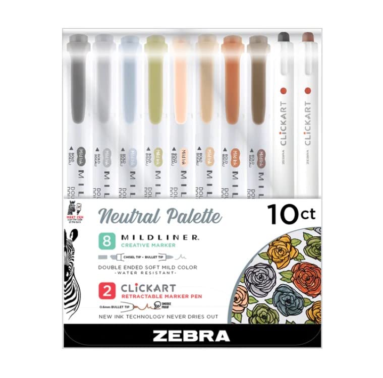 Zebra Pen Neutral Palette Set, Includes 8 Mildliner Highlighters and 5 ClickArt Markers, Assorted Neutral Vintage Ink Colors, 10-Pack