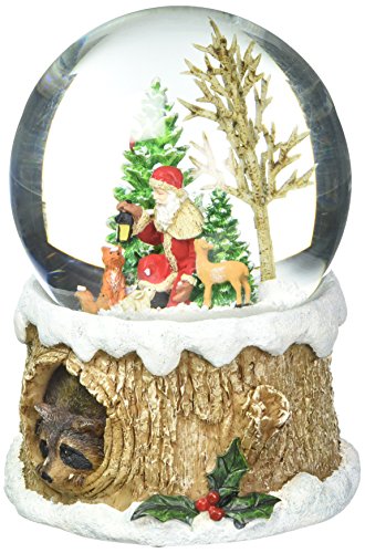 Roman Glitterdomes 100mm Musical Glitter Dome, Features Santa with Woodland Animals on a Tree Like Base with a Racoon Peeking Out, 5.75-Inch