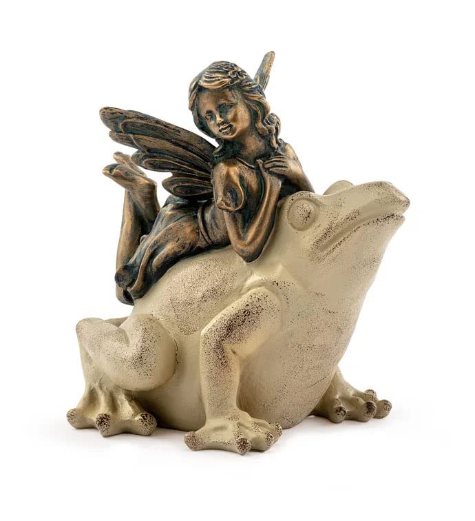 Napco Bronzed Fairy Laying On Frog Sand 7 x 6.5 Resin Outdoor Garden Statue