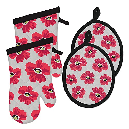 M√úkitchen Oven Mitt and Potholder are 100% Cotton | Heat Resistant Kitchen Accessories for Pans and Pots | Set of 2 Each | New Poppy