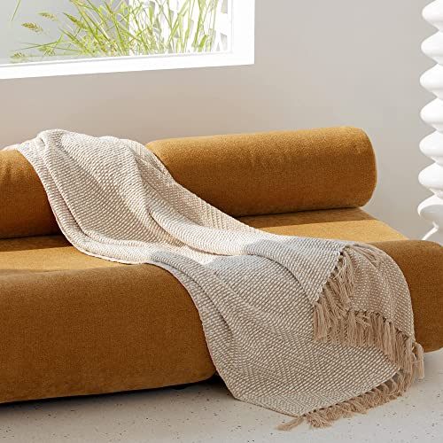 La Jol√≠e Muse Knit Throw Blanket 50 ‚Äö√†√∂‚àö‚â• 60 Inch - Soft Herringbone Woven Throw Blanket with Tassels for Couch Bedroom, Almond Brown and White, for Women