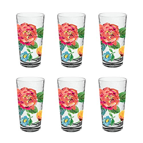 TarHong Garden Floral Jumbo Glass, 21.5 oz., Premium Plastic, Set of 6