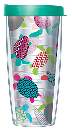 Freeheart Signature Tumblers Trendy Sea Turtles Wrap on Clear 16 Ounce Double-Walled Travel Tumbler Mug with Teal Easy Sip Lid