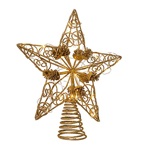 Kurt S. Adler Kurt Adler 11.75-Inch 30 Fairy Light Gold Star with Pinecones Treetop Tree Topper, Multi