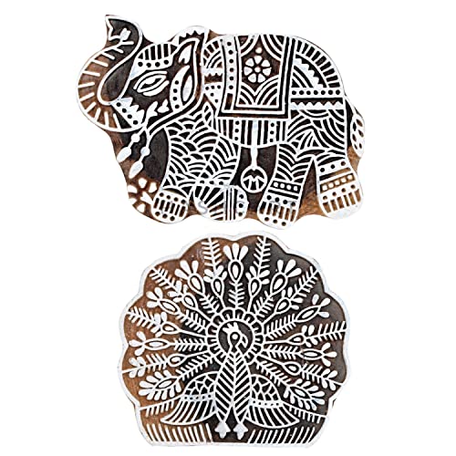 Hashcart Wooden Block Print Stamp - Elephant & Peacock Design Stamps, DIY Crafts, Pottery Crafts - Scrapbooking, School Supplies for Kids | Printing on Fabric, Paper, Clay,