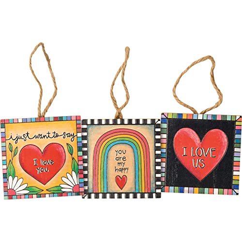 Primitives by Kathy 112261 My Happy Ornament, 3-inch Square, Set of 3, Wood and Jute