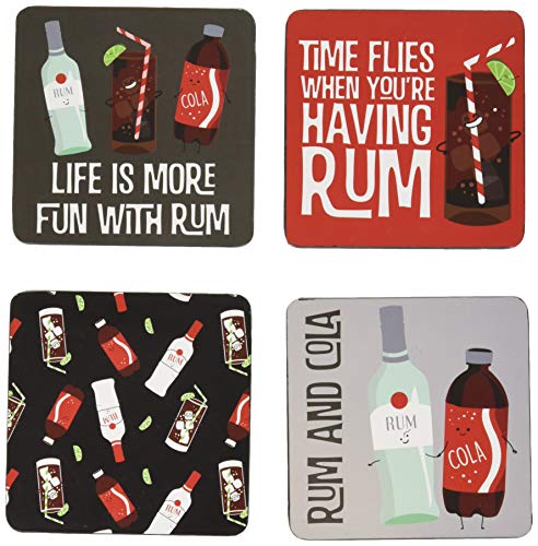 Pavilion Gift Company Rum & Coke Sentiment, Pattern and Character Holder 4" (4 Piece) Coaster Set with Box, 4 Inch Square, Multicolor