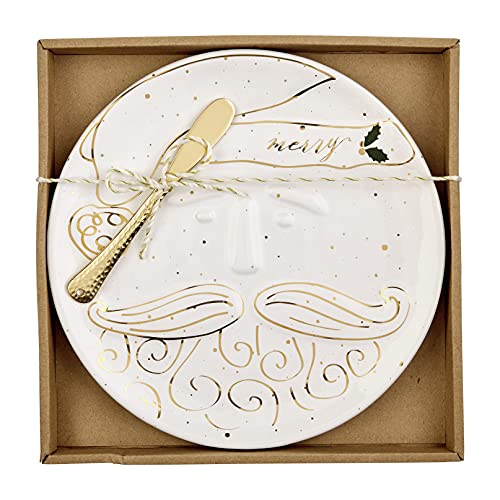 Mud Pie Gold Santa Cheese Plate Set, Plate 8.50" Diameter, Spreader 5.50", Stoneware