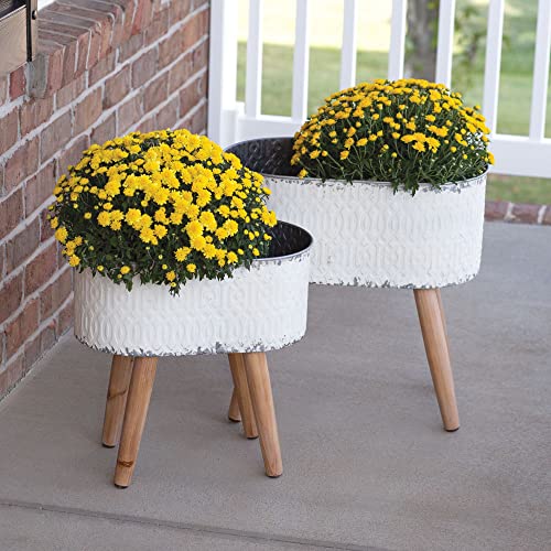 CTW Home Collection 530544 Embossed Metal Planters with Wood Legs, Set of 2