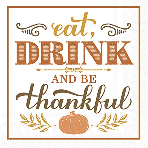 Boston International Rosanne Beck Fall Autumn Halloween Thanksgiving IHR 3-Ply Paper Napkins, 20-Count Cocktail Size, Eat Drink Be Thankful