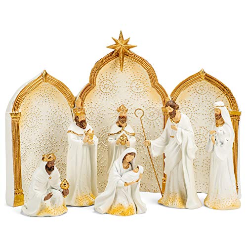 Roman 133014 Nativity Gold Dot Ivory with Triptych Backdrop Set of 9, 11.25 inch