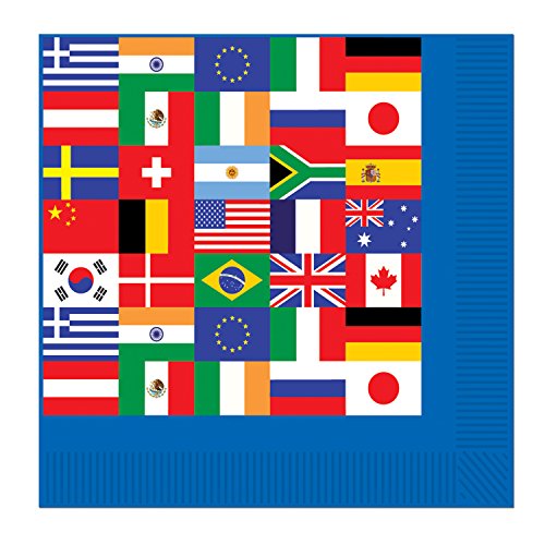 Beistle 16 Piece Disposable Paper International World Flags Lunch Napkins Travel Theme Party Tableware, 6.5" x 6.5", Multicolored