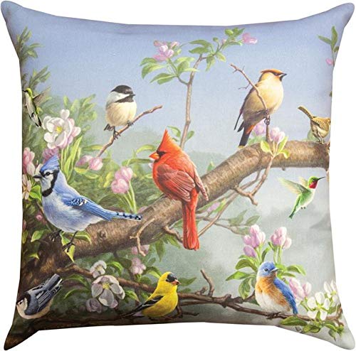 Manual CC Home Furnishings 18" Brown and Blue Songbirds in Blossoms Printed Square Throw Pillow
