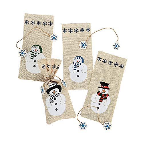 Fun Express - Snowman Painted Canvas Gift Bags W/Ties for Christmas - Party Supplies - Bags - Fabric & Textile Bags - Christmas - 12 Pieces