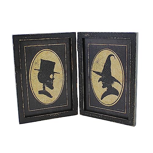 Primitives By Kathy Skeleton & Witch Silhouettes Decorative Hinged Wooden Sign 10 Inch x 7 Inch