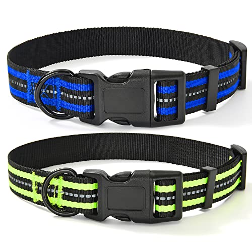 Mile High Life Night Reflective Double Bands Nylon Dog Collar (Blue/Lime Green, Small (Pack of 2))