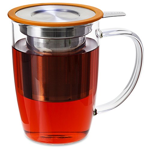 FORLIFE NewLeaf Glass Tea Mug with Infuser and Lid, 16 oz, Orange