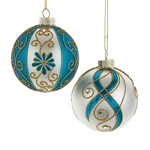 Kurt Adler Adler Gold, Dark Teal and White Embellished Ball, 6 Piece Ornament Set, 80MM