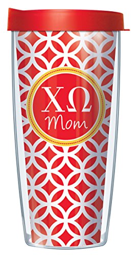 Freeheart Signature Tumblers Chi Omega Mom Insignia Wrap on Red and White Roundabout 22 Ounce Double-Walled Travel Tumbler Mug with Cherry Red Easy Sip Lid