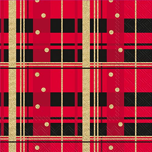 Boston International IHR 3-Ply Cocktail Beverage Paper Napkins, 5 x 5-Inches, Merry Christmas Red Plaid