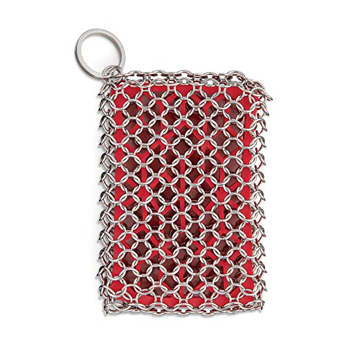 HIC Kitchen Chainmail Cast Iron Scrubber, 18/8 Stainless Steel and Silicone