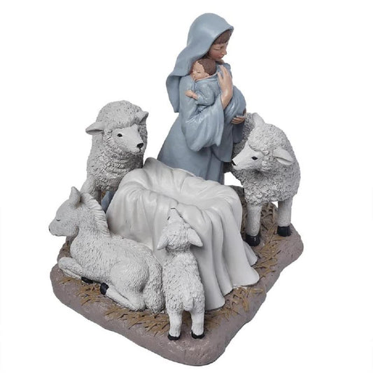 Blossom Bucket Mary Cradling Baby Jesus with Animals Figurine