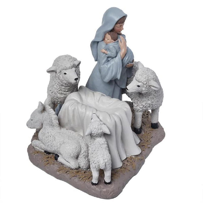 Blossom Bucket Mary Cradling Baby Jesus with Animals Figurine