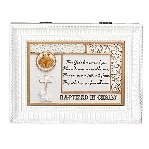 Roman Baptized in Christ Box, 8-inch Length, Large, White, Plastic, Home Decor, Music Box