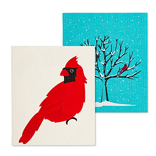 Abbott Collection  84-ASD-ABX-110 Cardinal&Tree Dishcloths. Set of 2, Ivory/Red