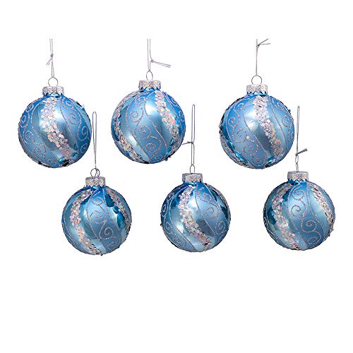 Kurt Adler Kurt S. Adler 80MM Silver Blue with Glitter and Sequins Glass Ball, 6 Piece Box Ornament,