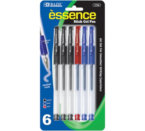 BAZIC Essence Gel-Pen with Cushion Grip, Assorted, 6 Per Pack