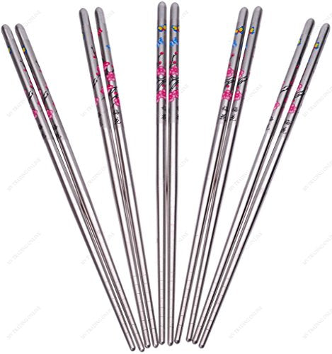 FMC Fuji Merchandise Stainless Steel Chopstick with butterflies and flowers Design, 5 Pairs