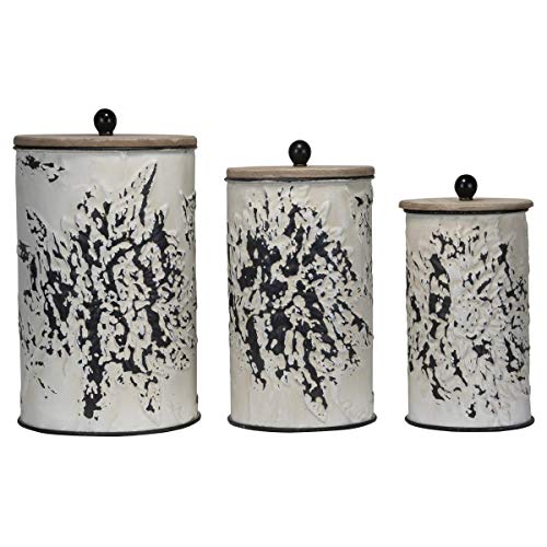Foreside Home and Garden Set of 3 Cream and Gray Floral Metal Decorative Storage Canisters, White, Black, 3 Piece