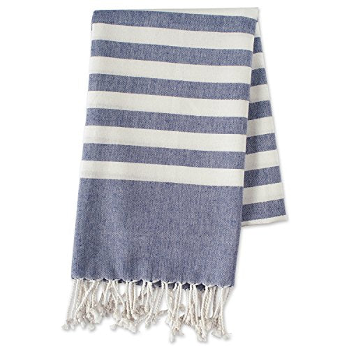 DII Design E-Living Store 100% Cotton, Soft & Absorbent Decorative Turkish Fouta Towel with Twisted Fringe for Home, Beach, Pool, or Décor, Use As Blanket or Throw - Nautical Blue Stripe