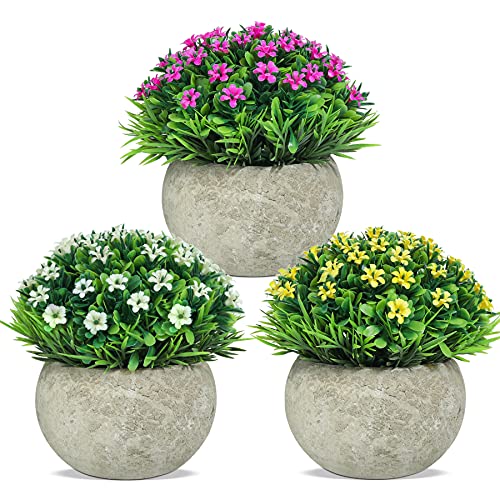 T4U Mini Artificial Plastic Plants(3PCS), Potted Faux Grass Plants Plastic Fake Flowers in Pot for Home Office Desk Bathroom Farmhouse Decoration Indoor Tabletop D‚Äö√†√∂¬¨¬©cor Centerpiece Gift