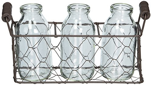 Blossom Bucket 131-36733 Small Rectangle Decorative Metal Basket with Three Glass Bottles