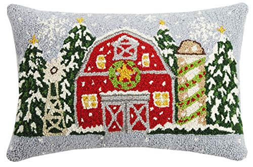 Peking Handicraft Christmas Snowy Farm House Hooked Pillow - 16" x 20"