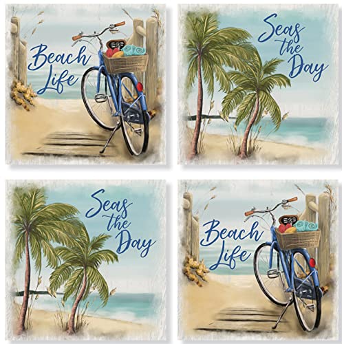 Carson Stoneware Coasters with Cork Back 4 Piece, Decorative Home Accents Square Stone Coaster Set, Beach Bicycle Square House Coaster Set